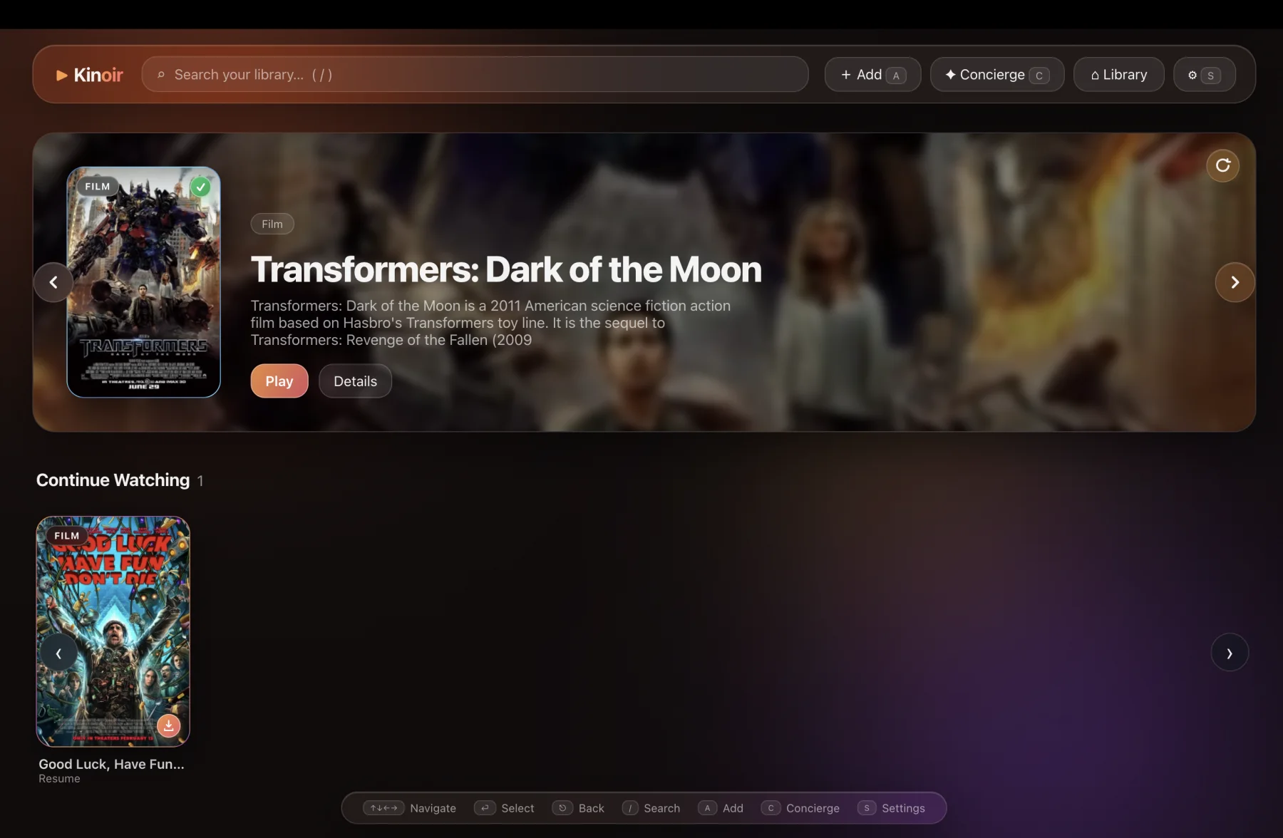Kinoir showing a featured movie and a personal media library