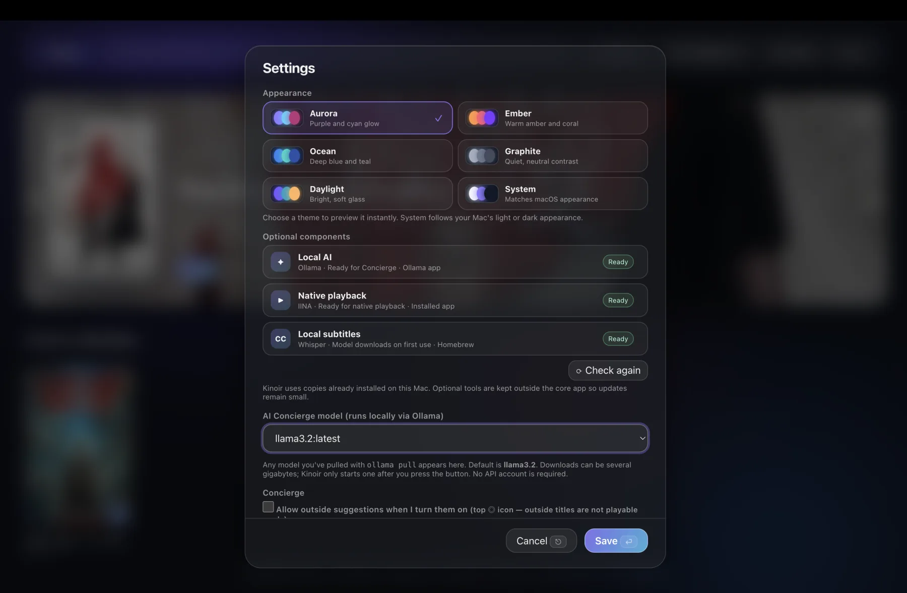 Kinoir Settings showing appearance themes and optional local components